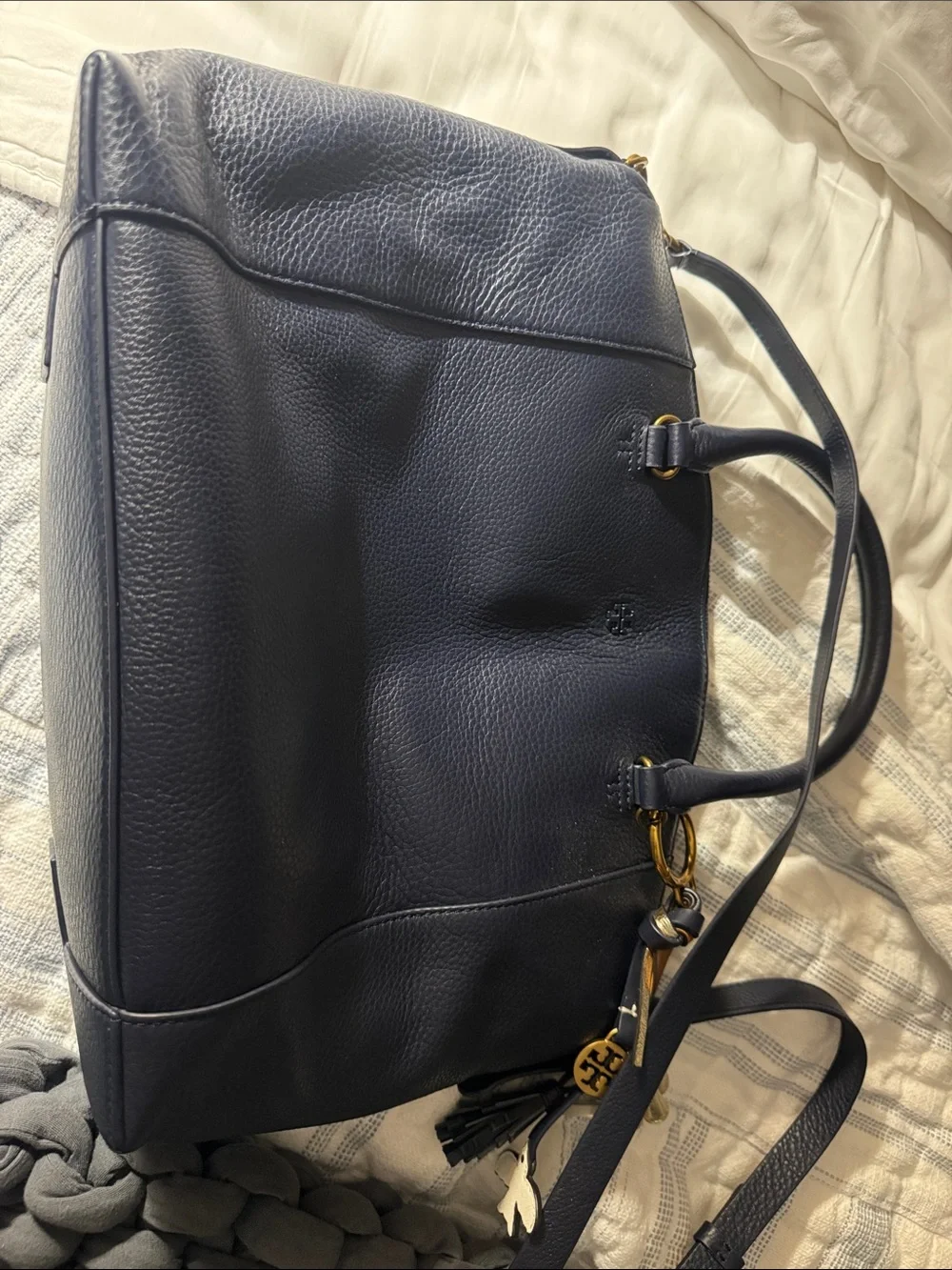 Tory Burch Navy Leather Satchel with Gold Tassel Charm